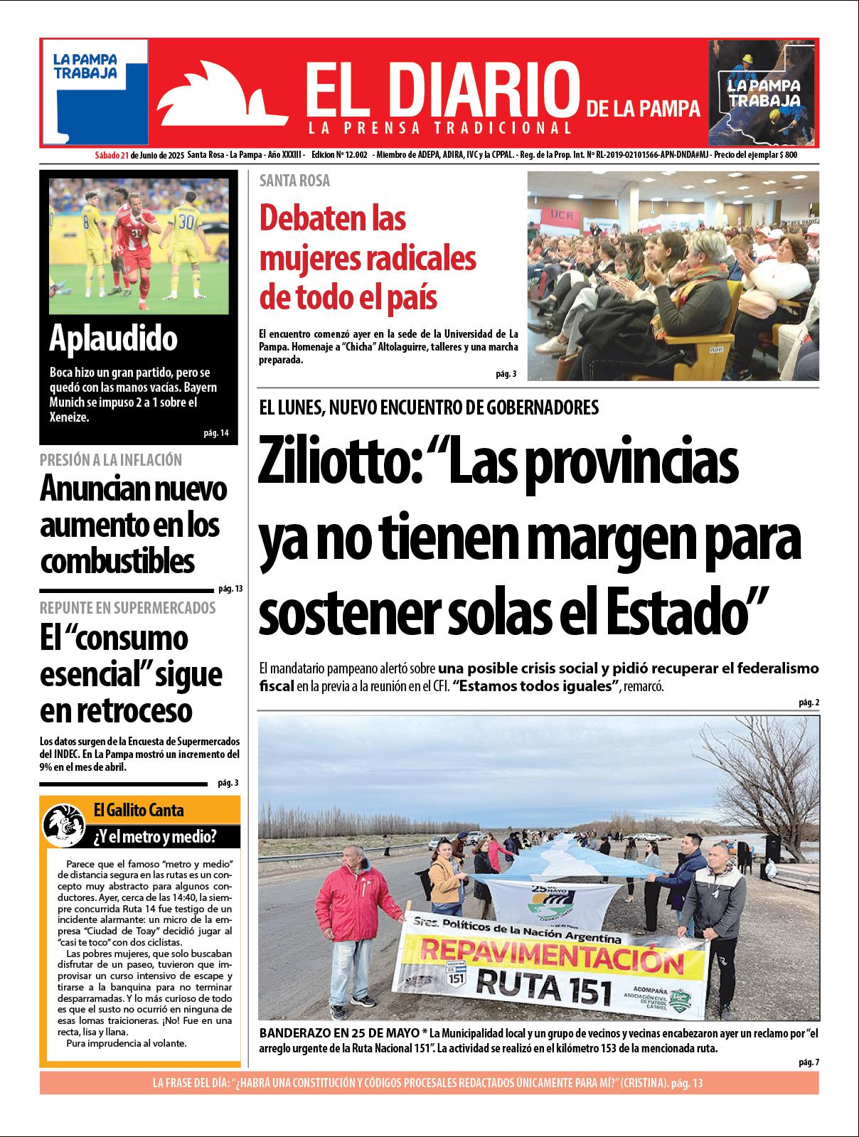 Tapa de El Diario en papel  saacutebado 21 de junio de 2025